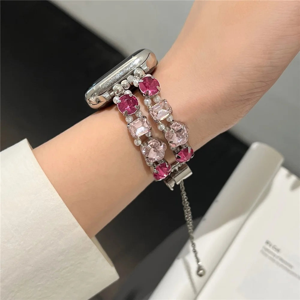 For Apple Watch Ultra 3 2 1 49mm / Series 11 10 46mm / 9 8 7 45mm / SE3 SE2 SE 6 5 4 44mm / 3 2 1 42mm Watch Band Rhinestone Chain Bracelet - Pink - 2