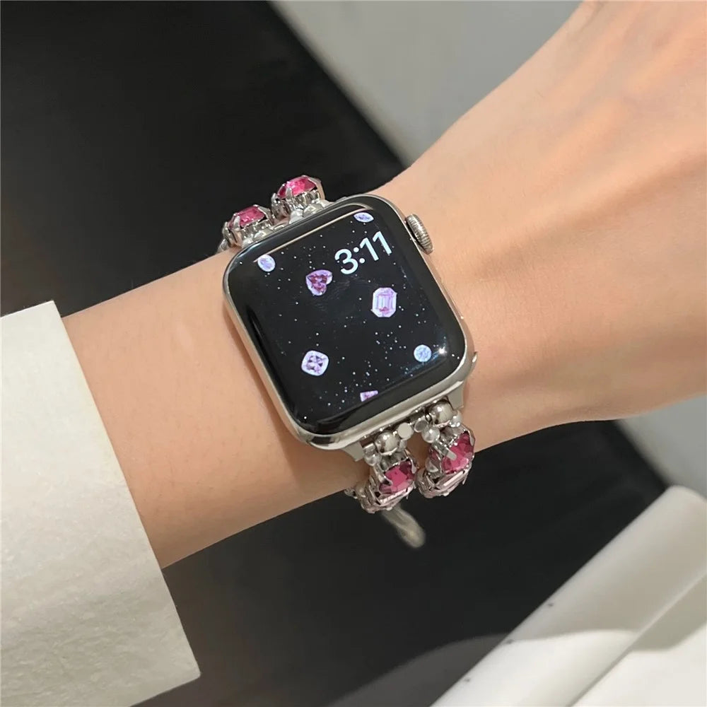 For Apple Watch Ultra 3 2 1 49mm / Series 11 10 46mm / 9 8 7 45mm / SE3 SE2 SE 6 5 4 44mm / 3 2 1 42mm Watch Band Rhinestone Chain Bracelet - Pink - 3