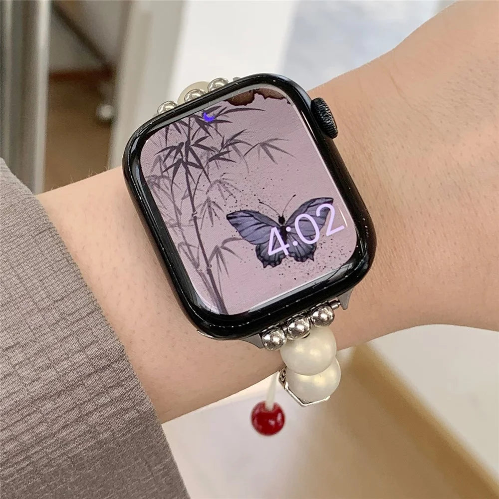 For Apple Watch Series 11 10 42mm / 9 8 7 41mm / SE3 SE2 SE 6 5 4 40mm / 3 2 1 38mm Chinese Style Matte Pearl Wrist Band - Beige / 1-Chain - 4