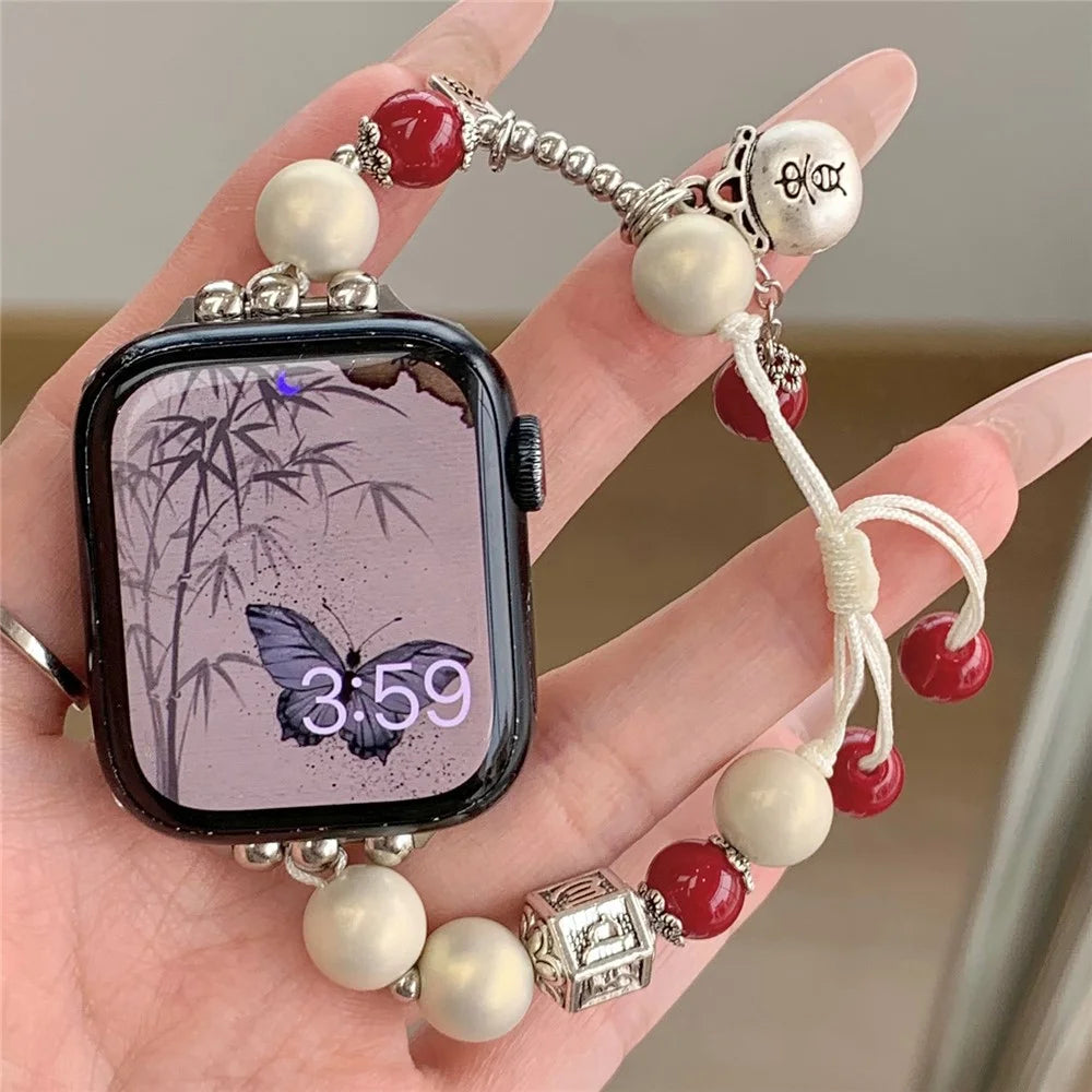 For Apple Watch Ultra 3 2 1 49mm / Series 11 10 46mm / 9 8 7 45mm / SE3 SE2 SE 6 5 4 44mm / 3 2 1 42mm Artificial Pearl Strap - Beige / 1-Chain - 5