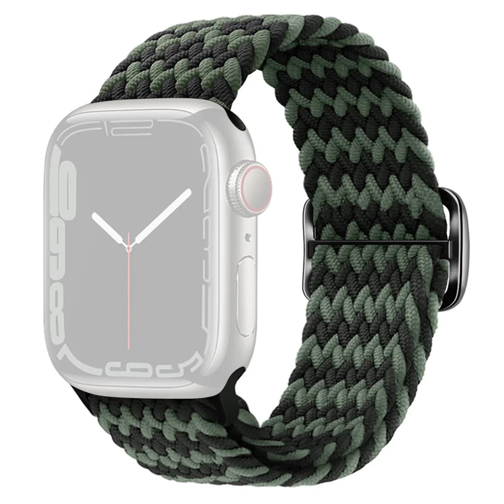 For Apple Watch Ultra 3 2 1 49mm / Series 11 10 46mm / 9 8 7 45mm / SE3 SE2 SE 6 5 4 44mm / 3 2 1 42mm Strap Nylon Braided Watch Band - W-Shape Black+Green - 1