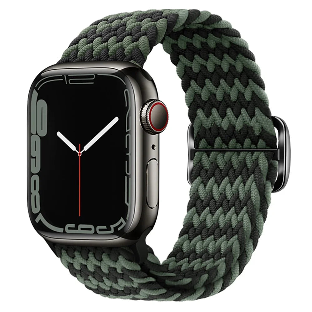 For Apple Watch Ultra 3 2 1 49mm / Series 11 10 46mm / 9 8 7 45mm / SE3 SE2 SE 6 5 4 44mm / 3 2 1 42mm Strap Nylon Braided Watch Band - W-Shape Black+Green - 2