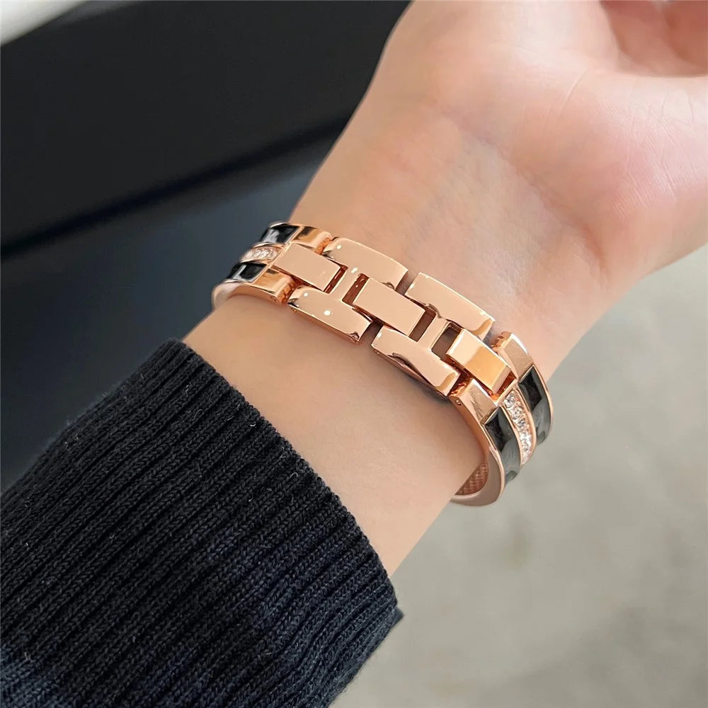 For Apple Watch Series 11 10 42mm / 9 8 7 41mm / SE3 SE2 SE 6 5 4 40mm / 3 2 1 38mm Epoxy Watch Band Metal Bangle Strap - Rose Gold+Black - 2
