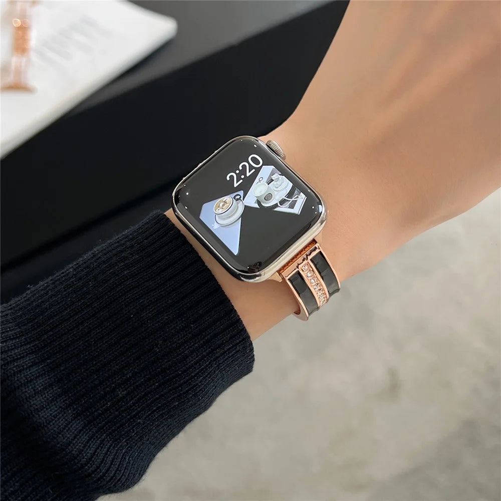 For Apple Watch Series 11 10 42mm / 9 8 7 41mm / SE3 SE2 SE 6 5 4 40mm / 3 2 1 38mm Epoxy Watch Band Metal Bangle Strap - Rose Gold+Black - 3