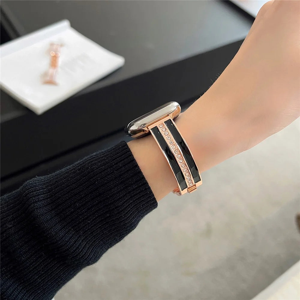 For Apple Watch Series 11 10 42mm / 9 8 7 41mm / SE3 SE2 SE 6 5 4 40mm / 3 2 1 38mm Epoxy Watch Band Metal Bangle Strap - Rose Gold+Black - 4