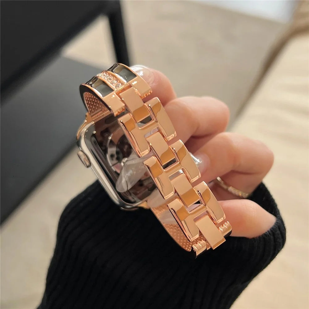 For Apple Watch Series 11 10 42mm / 9 8 7 41mm / SE3 SE2 SE 6 5 4 40mm / 3 2 1 38mm Epoxy Watch Band Metal Bangle Strap - Rose Gold+Black - 5