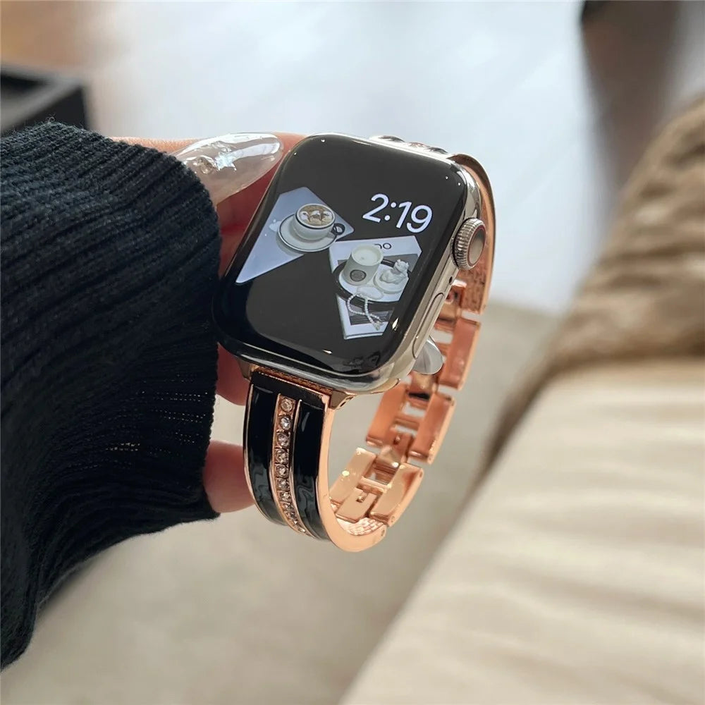 For Apple Watch Series 11 10 42mm / 9 8 7 41mm / SE3 SE2 SE 6 5 4 40mm / 3 2 1 38mm Epoxy Watch Band Metal Bangle Strap - Rose Gold+Black - 6