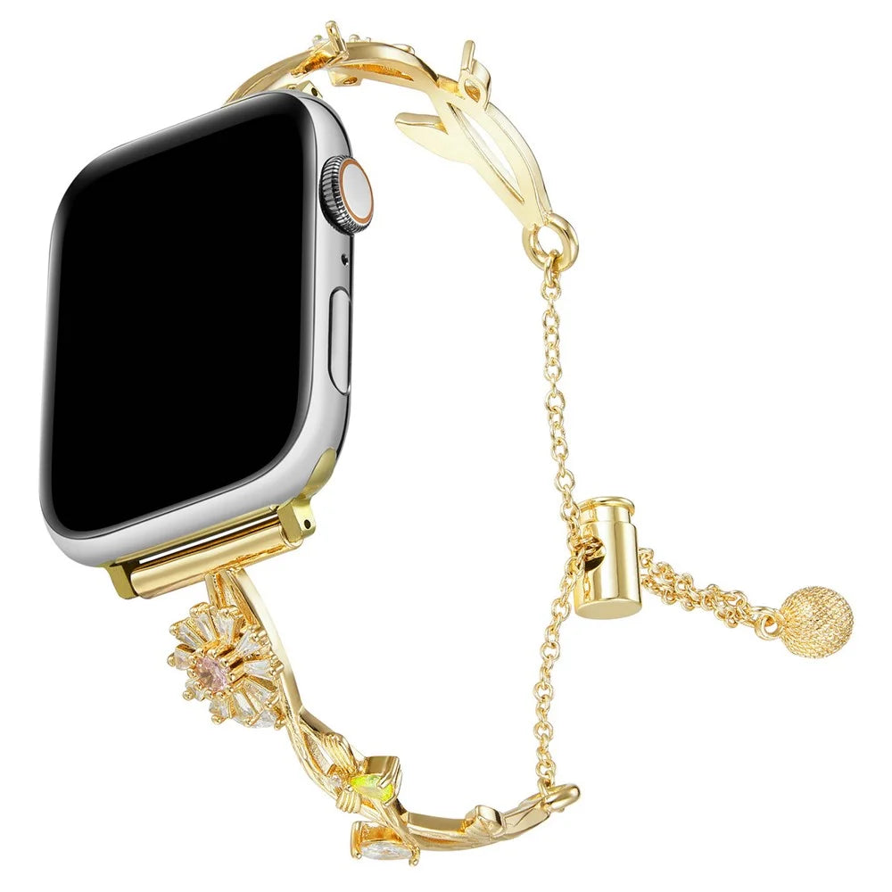For Apple Watch Series 11 10 42mm / 9 8 7 41mm / SE3 SE2 SE 6 5 4 40mm / 3 2 1 38mm Zinc Alloy Watch Band Rotary Flower - Gold - 3