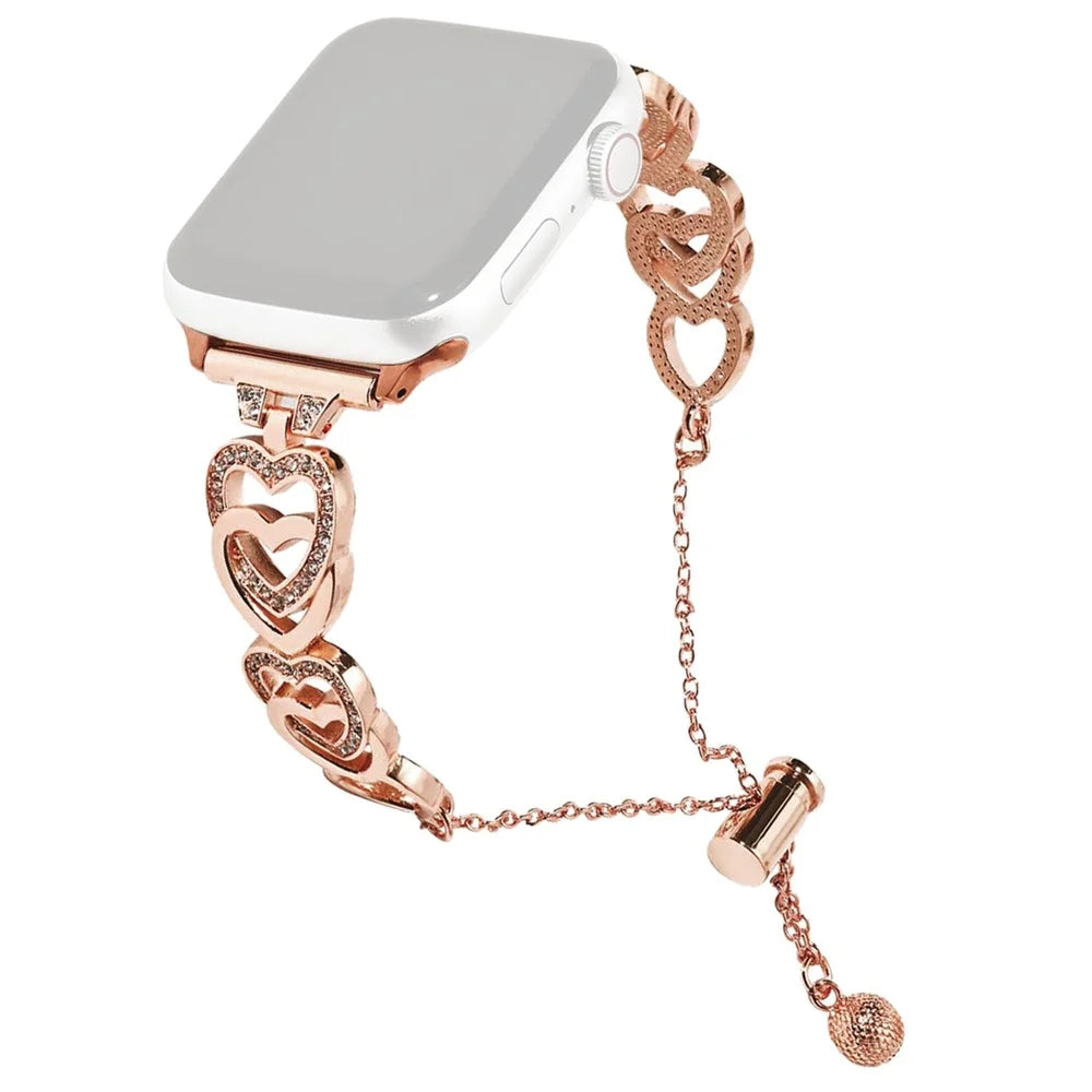 For Apple Watch Series 11 10 42mm / 9 8 7 41mm / SE3 SE2 SE 6 5 4 40mm / 3 2 1 38mm Watch Band Zinc Alloy Heart Bracelet - Rose Gold - 1