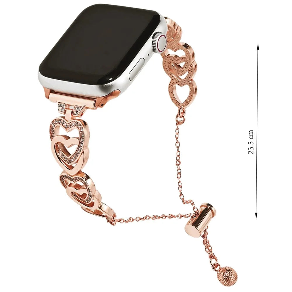 For Apple Watch Series 11 10 42mm / 9 8 7 41mm / SE3 SE2 SE 6 5 4 40mm / 3 2 1 38mm Watch Band Zinc Alloy Heart Bracelet - Rose Gold - 5