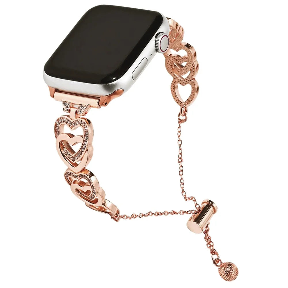 For Apple Watch Ultra 3 2 1 49mm / Series 11 10 46mm / 9 8 7 45mm / SE3 SE2 SE 6 5 4 44mm / 3 2 1 42mm Dressy Strap Zinc Alloy Heart Watch Band - Rose Gold - 1