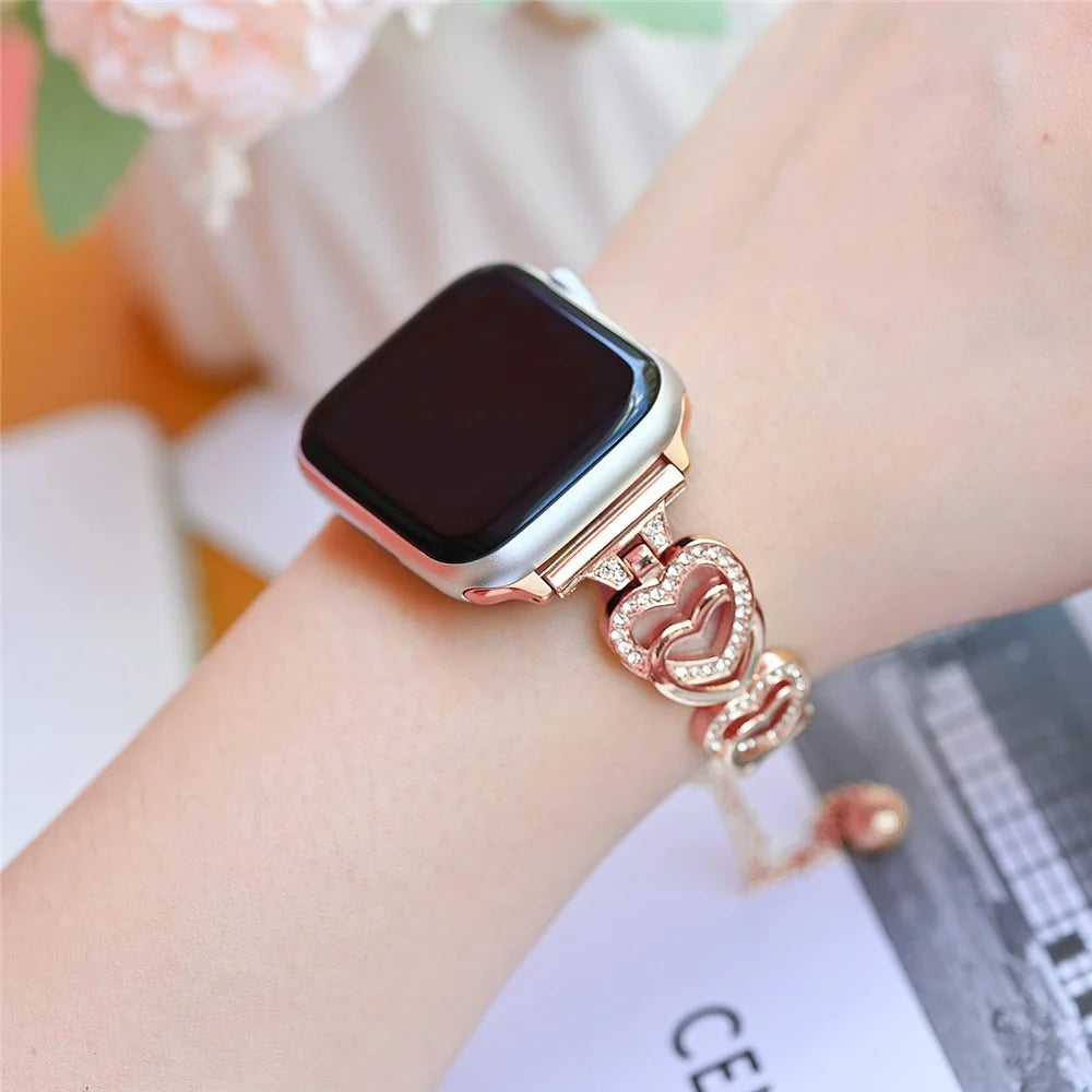 For Apple Watch Ultra 3 2 1 49mm / Series 11 10 46mm / 9 8 7 45mm / SE3 SE2 SE 6 5 4 44mm / 3 2 1 42mm Dressy Strap Zinc Alloy Heart Watch Band - Rose Gold - 2