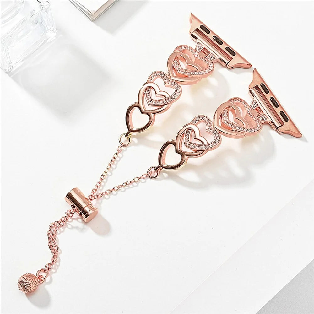 For Apple Watch Ultra 3 2 1 49mm / Series 11 10 46mm / 9 8 7 45mm / SE3 SE2 SE 6 5 4 44mm / 3 2 1 42mm Dressy Strap Zinc Alloy Heart Watch Band - Rose Gold - 3