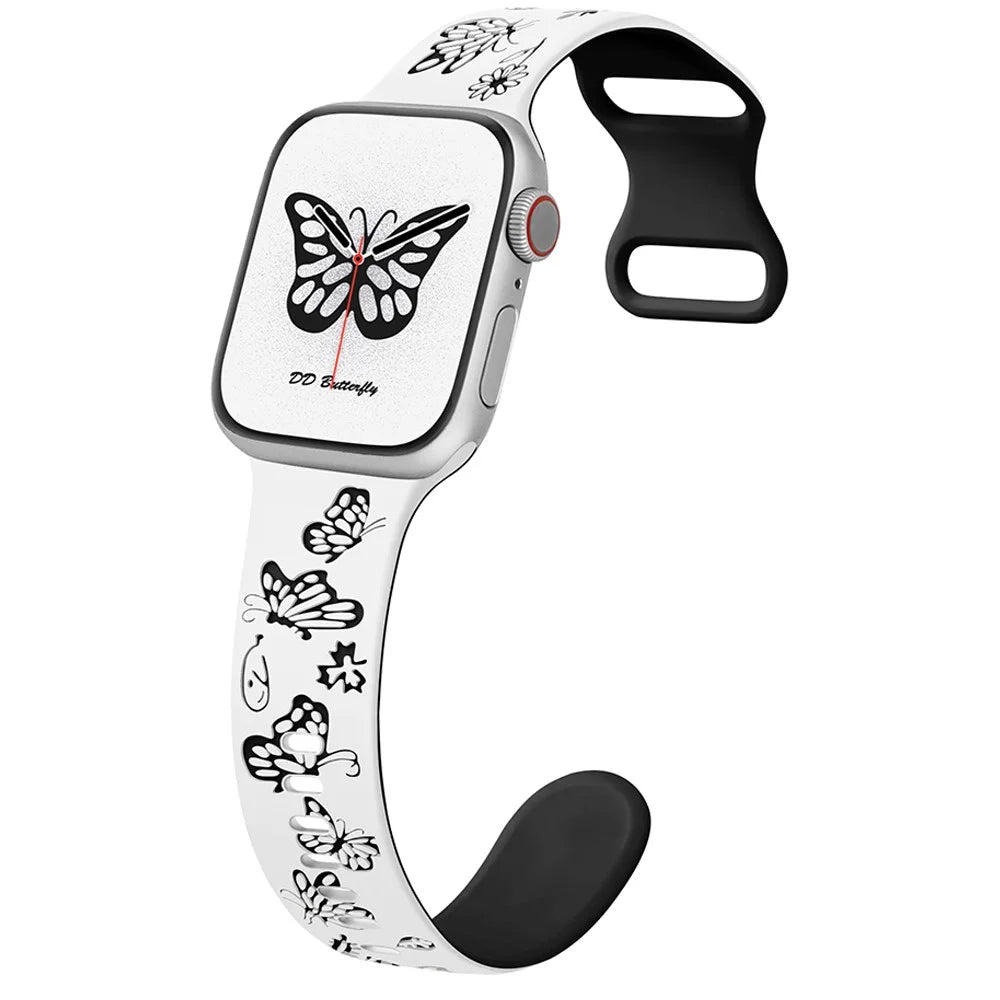 For Apple Watch Ultra 3 2 1 49mm / Series 11 10 46mm / 9 8 7 45mm / SE3 SE2 SE 6 5 4 44mm / 3 2 1 42mm Butterfly Silicone Band - White+Black - 2