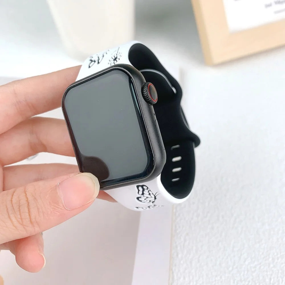 For Apple Watch Ultra 3 2 1 49mm / Series 11 10 46mm / 9 8 7 45mm / SE3 SE2 SE 6 5 4 44mm / 3 2 1 42mm Butterfly Silicone Band - White+Black - 4