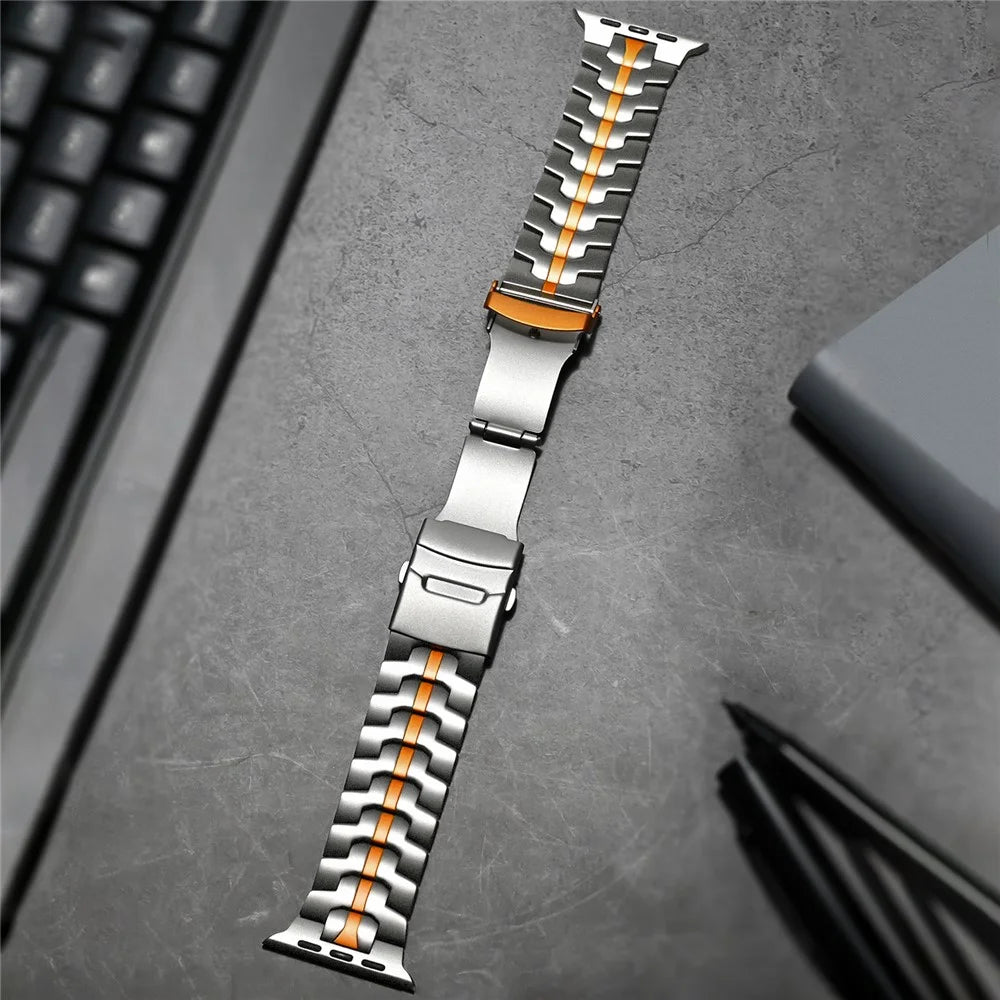 For Apple Watch Ultra 3 2 1 49mm / Series 11 10 46mm / 9 8 7 45mm / SE3 SE2 SE 6 5 4 44mm / 3 2 1 42mm Watch Strap Titanium  - Titanium+Orange - 4