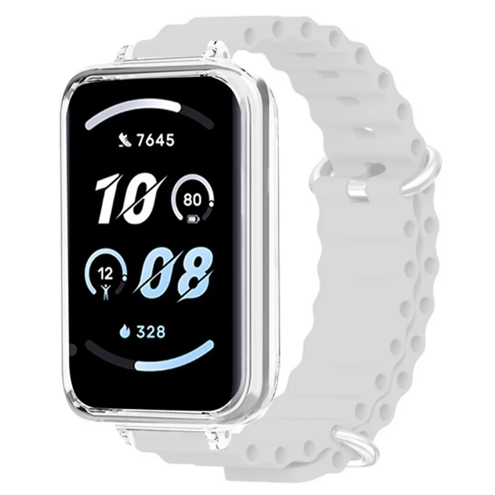 For Honor Band 9 Watch Band Ocean Silicone Strap with Transparent Case - White - 1