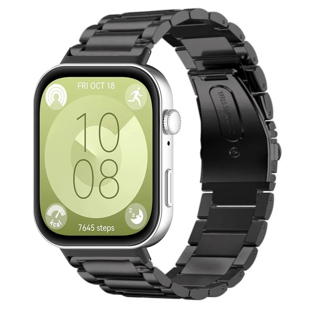 For Huawei Watch Fit 3 Band with Dual Press Buckle, 3-Bead Steel Wrist Strap - Black - 3