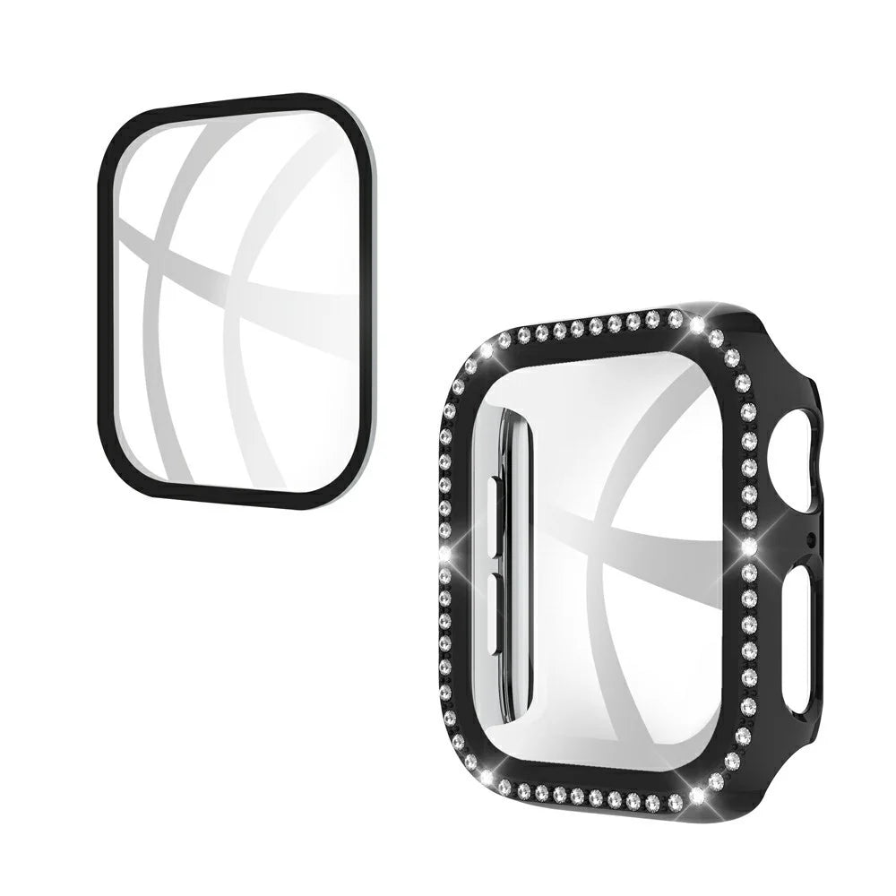 Rhinestone Decor PC Frame Case for Apple Watch Series SE3 / SE2 / SE1 /  6 / 5 / 4 44mm with Tempered Glass Screen Protector - Black - 1