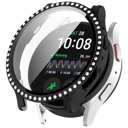 For Samsung Galaxy Watch7 44mm Shiny Rhinestone Watch Case Integrated with Tempered Glass Film - Electroplating Black - 1