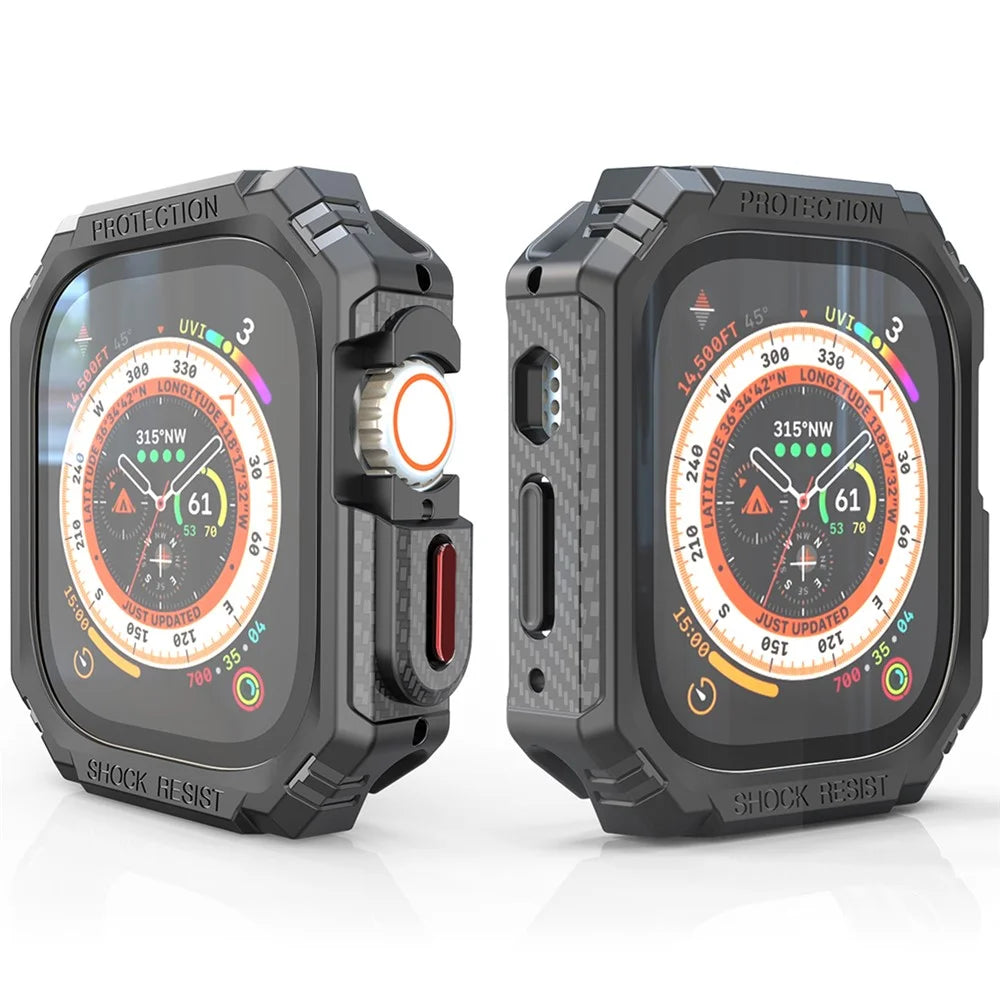For Apple Watch Ultra 3 / Ultra 2 / Ultra 49mm Carbon Fiber Smart Watch Case Anti-Scratch Protective Frame - Black / Red Buttons - 3
