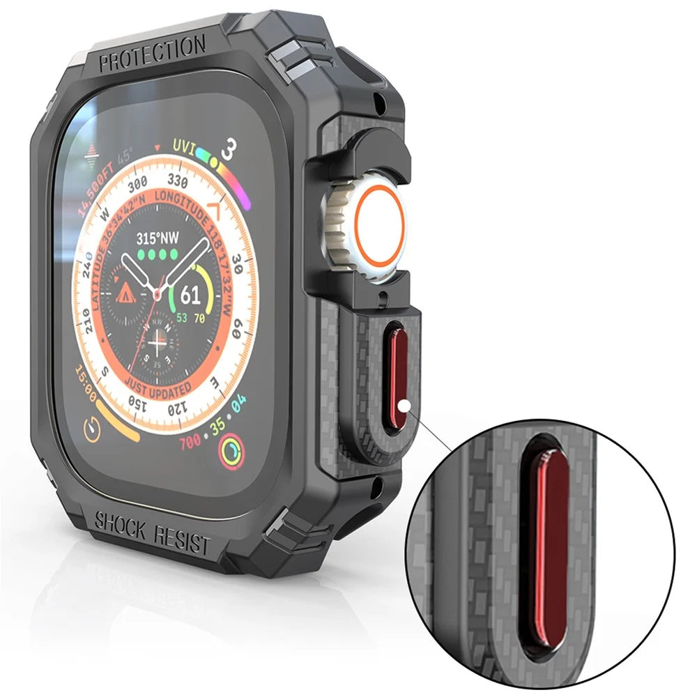 For Apple Watch Ultra 3 / Ultra 2 / Ultra 49mm Carbon Fiber Smart Watch Case Anti-Scratch Protective Frame - Black / Red Buttons - 5