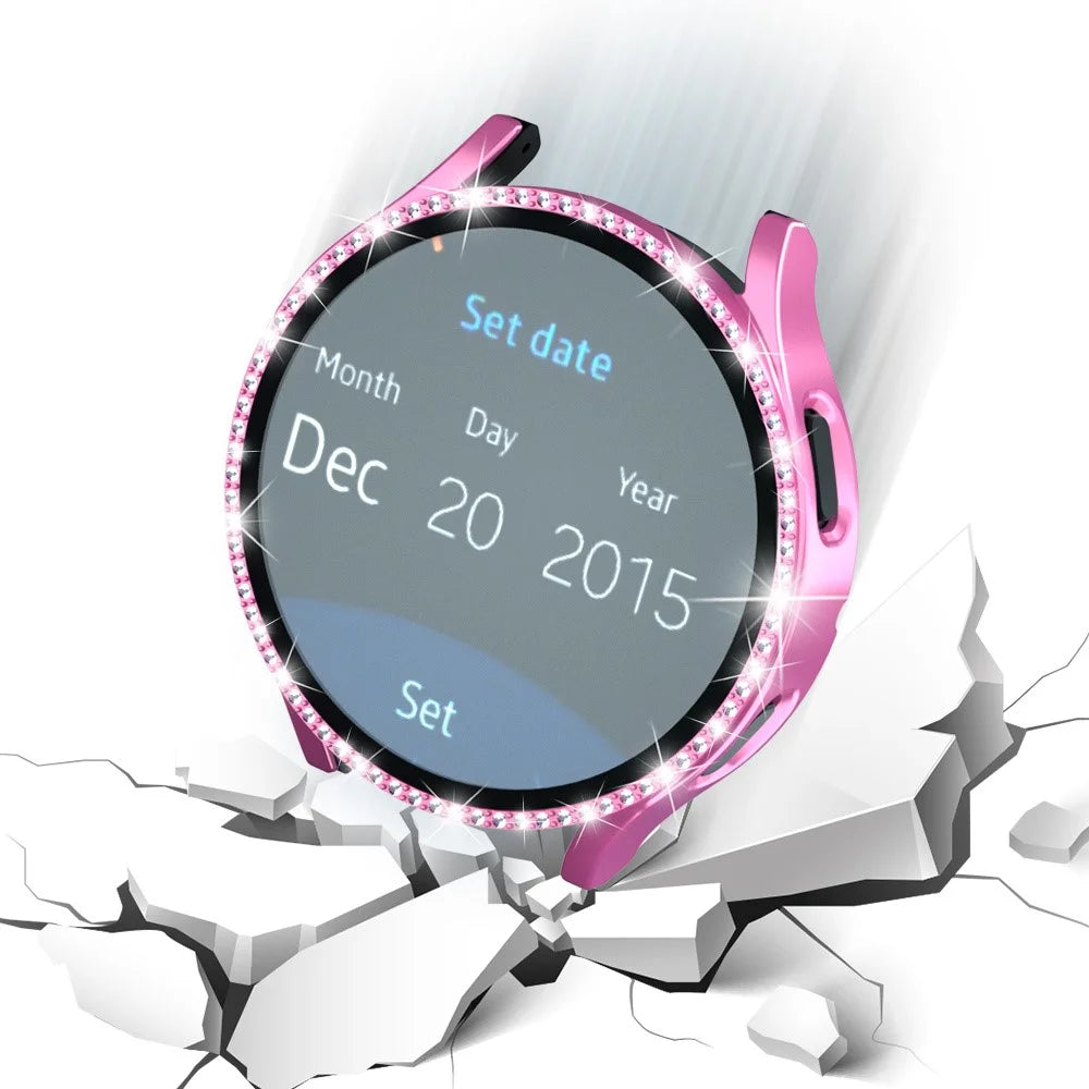 For Samsung Galaxy Watch7 44mm PC Watch Case Rhinestone Decor Cover with Tempered Glass Film - Pink - 5