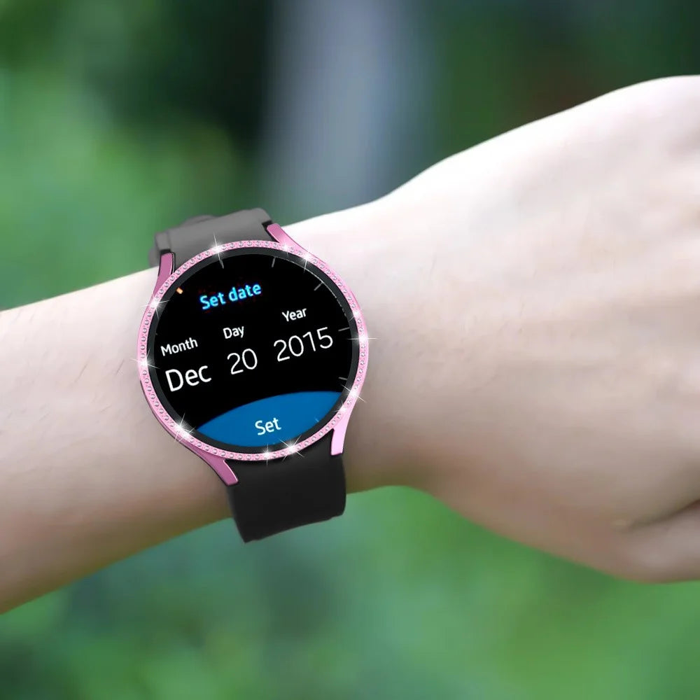 For Samsung Galaxy Watch7 44mm PC Watch Case Rhinestone Decor Cover with Tempered Glass Film - Pink - 6