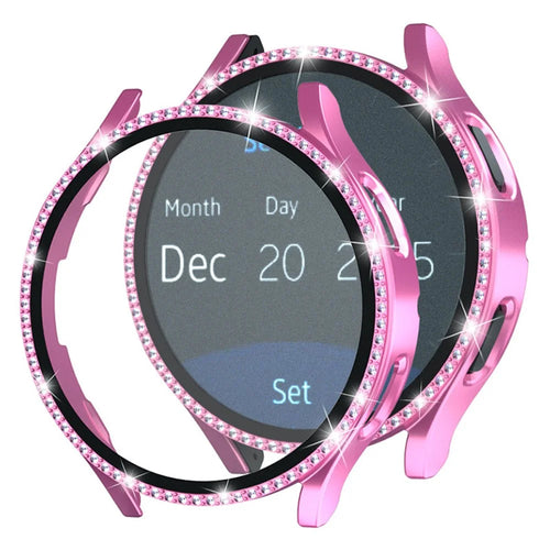 For Samsung Galaxy Watch7 40mm PC Watch Case Rhinestone Decor Cover with Tempered Glass Film - Pink - 1