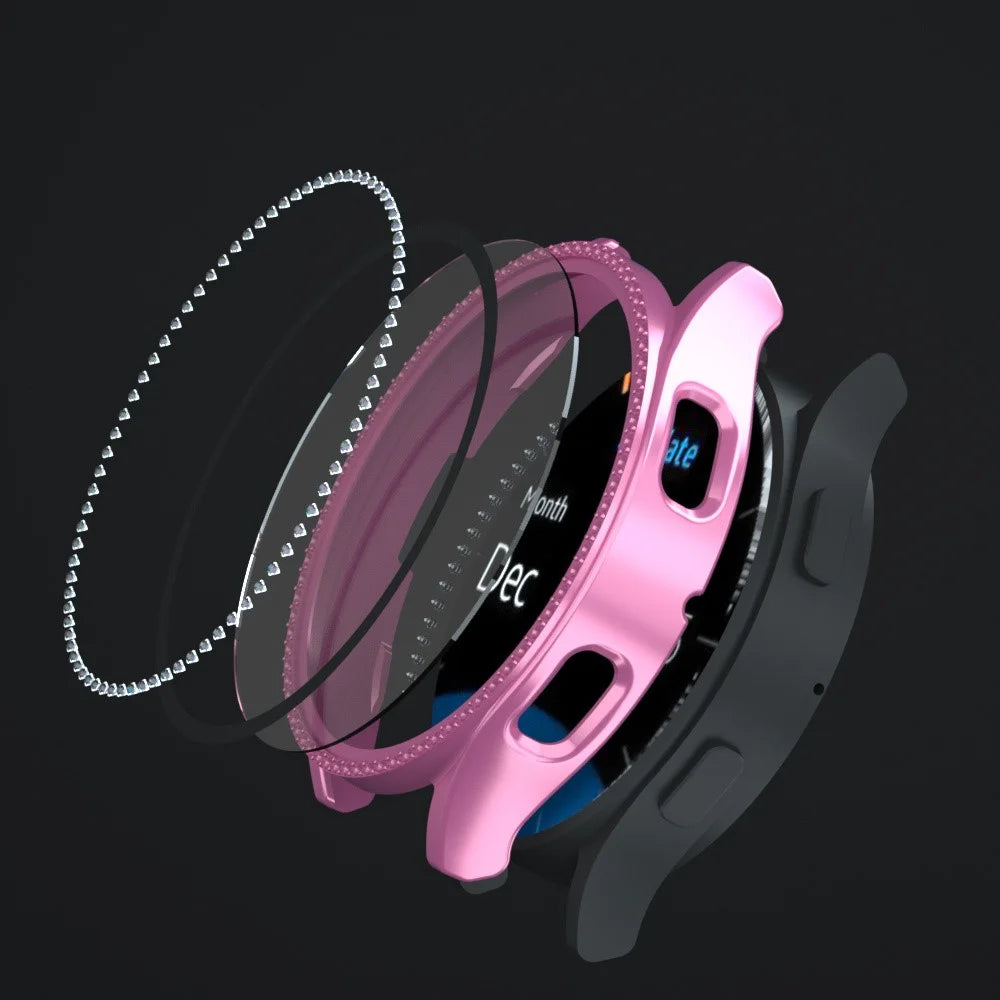 For Samsung Galaxy Watch7 40mm PC Watch Case Rhinestone Decor Cover with Tempered Glass Film - Pink - 4