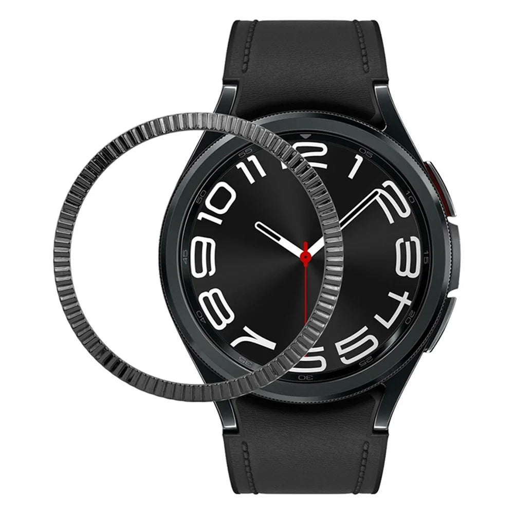 For Samsung Galaxy Watch6 Classic 47mm Bezel Ring Zinc Alloy Wave Pattern Bezel Adhesive Frame Cover - Black - 1