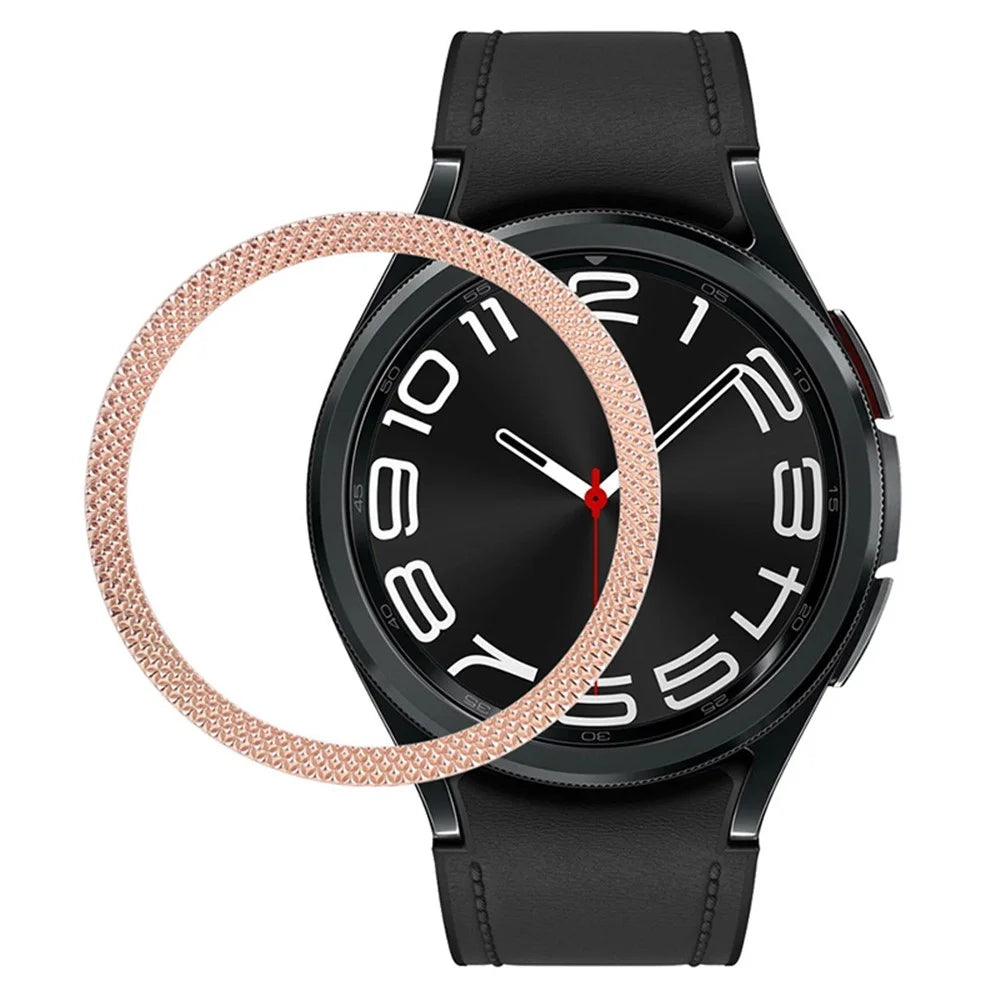 For Samsung Galaxy Watch6 Classic 47mm Bezel Ring Zinc Alloy Rhombus Pattern Bezel Adhesive Frame Cover - Rose Gold - 1