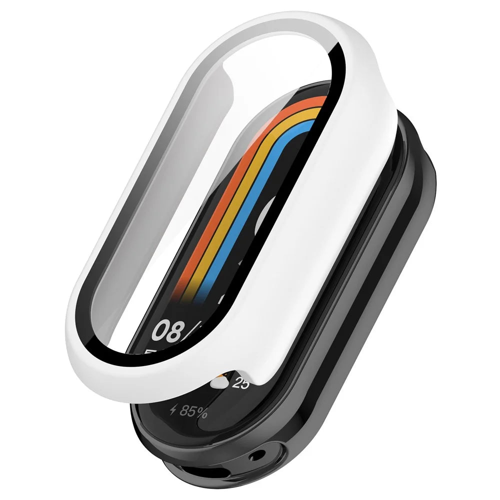 For Xiaomi Smart Band 9 / 9 NFC Glossy PC Cover Watch Frame Case with Tempered Glass Screen Film - White - 1