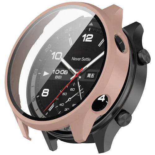 For OnePlus Watch 2R / Watch 2 / Oppo Watch Sport Case Hard PC Full Protective Watch Cover with Tempered Glass Film - Pink - 1