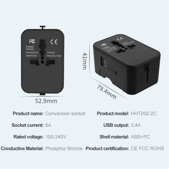 HHT202-2C 1xUSB+2x Type-C Charging Adapter Travel Universal Charger Converter - Black - 7