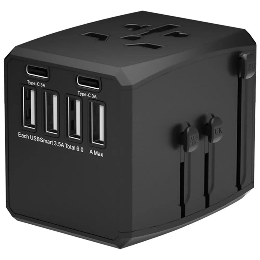 HH904 Worldwide Travel Charge Adapter Wall Plug Converter with 4 USB + 2 Type-C - Black - 1