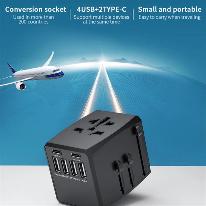 HH904 Worldwide Travel Charge Adapter Wall Plug Converter with 4 USB + 2 Type-C - Black - 5