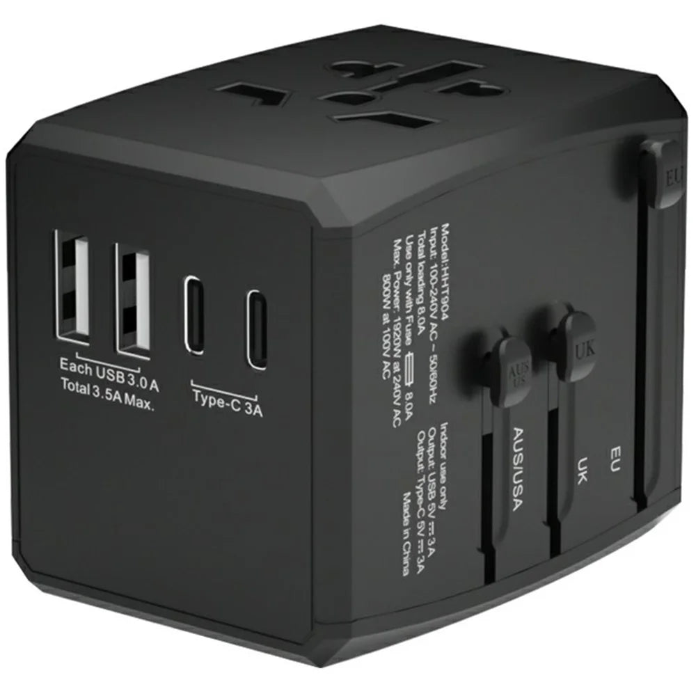 HH904 Worldwide Travel Charge Adapter Wall Plug Converter with 2 USB + 2 Type-C - Black - 1