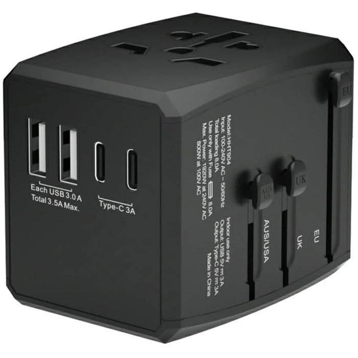 HH904 Worldwide Travel Charge Adapter Wall Plug Converter with 2 USB + 2 Type-C - Black - 1