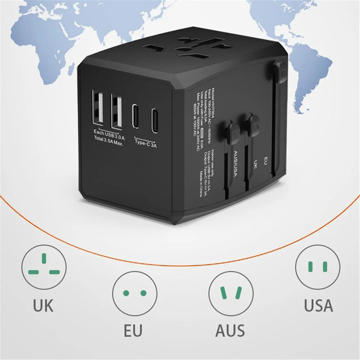 HH904 Worldwide Travel Charge Adapter Wall Plug Converter with 2 USB + 2 Type-C - Black - 5