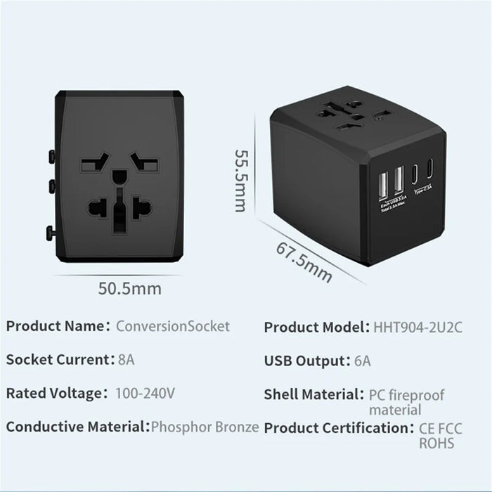 HH904 Worldwide Travel Charge Adapter Wall Plug Converter with 2 USB + 2 Type-C - Black - 6