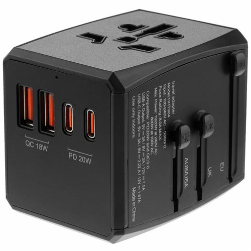 HH904 Worldwide Travel Power Adapter 2 QC + 2 PD Ports Fast Charging Wall Charger Plug Converter - Black - 1
