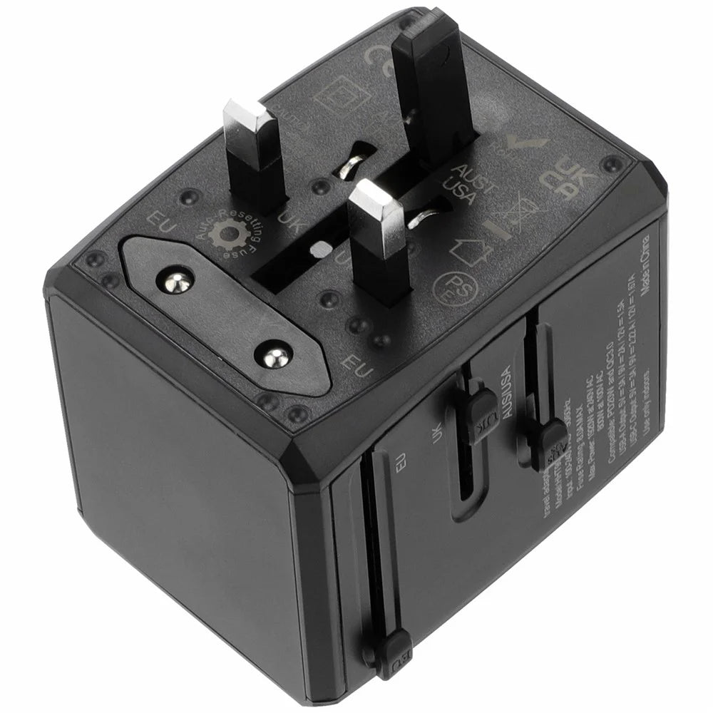 HH904 Worldwide Travel Power Adapter 2 QC + 2 PD Ports Fast Charging Wall Charger Plug Converter - Black - 2