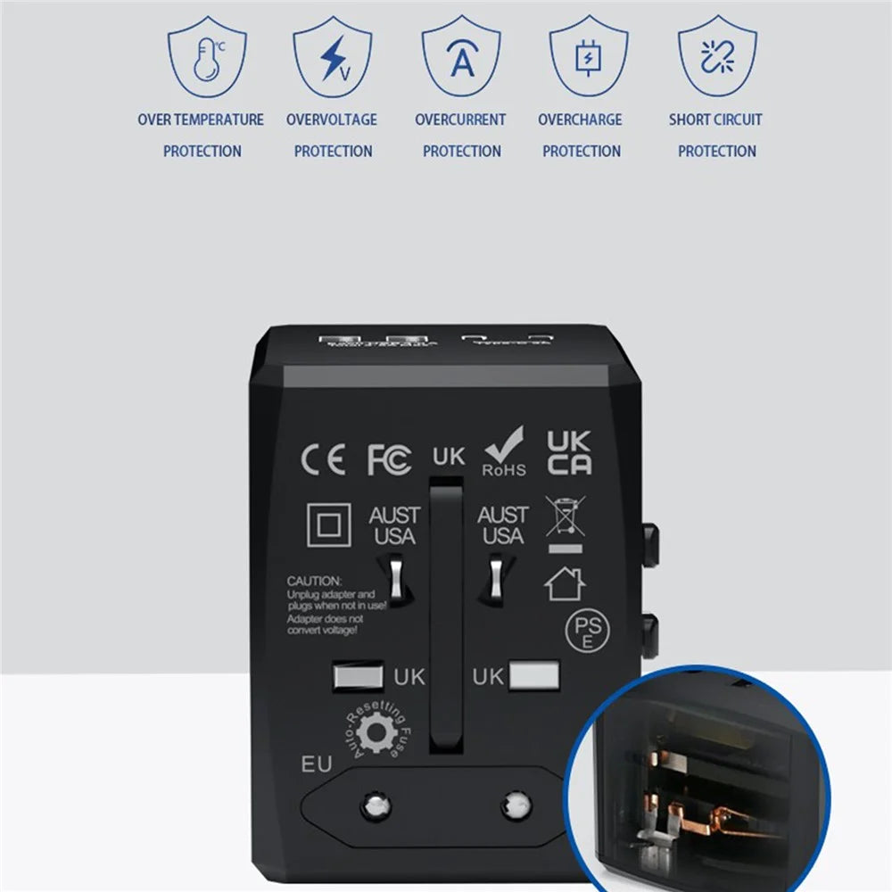 HH904 Worldwide Travel Power Adapter 2 QC + 2 PD Ports Fast Charging Wall Charger Plug Converter - Black - 5