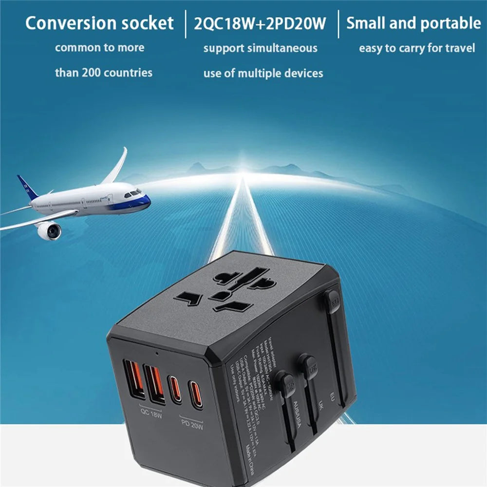 HH904 Worldwide Travel Power Adapter 2 QC + 2 PD Ports Fast Charging Wall Charger Plug Converter - Black - 6