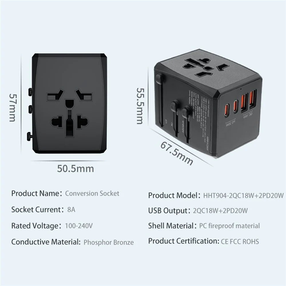 HH904 Worldwide Travel Power Adapter 2 QC + 2 PD Ports Fast Charging Wall Charger Plug Converter - Black - 7