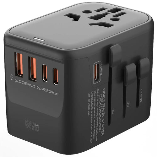 HHT906 PD 65W GaN Worldwide Travel Power Adapter 2xUSB+3xType-C Wall Charger Plug Converter - Black - 1
