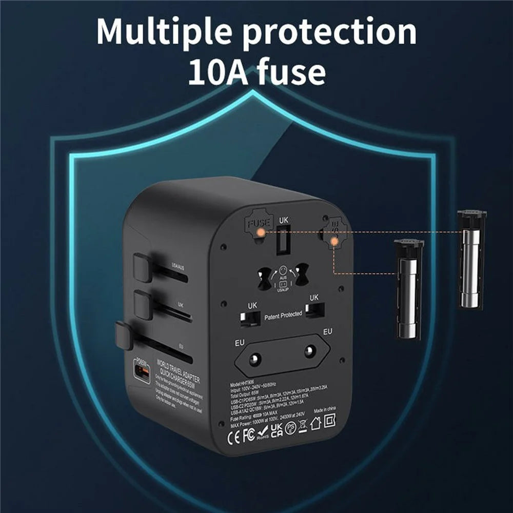 HHT906 PD 65W GaN Worldwide Travel Power Adapter 2xUSB+3xType-C Wall Charger Plug Converter - Black - 3