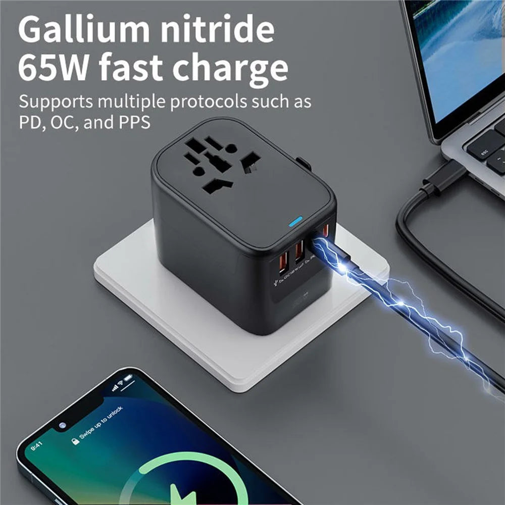 HHT906 PD 65W GaN Worldwide Travel Power Adapter 2xUSB+3xType-C Wall Charger Plug Converter - Black - 6
