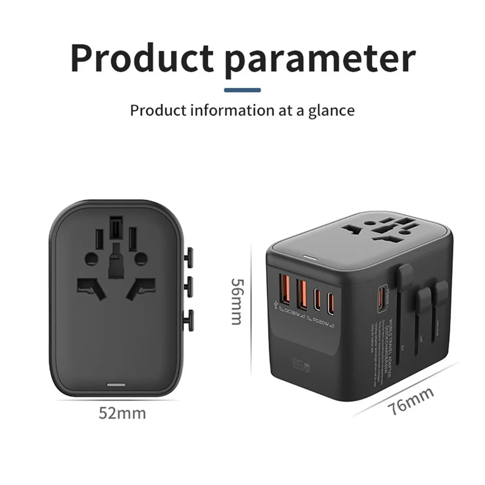 HHT906 PD 65W GaN Worldwide Travel Power Adapter 2xUSB+3xType-C Wall Charger Plug Converter - Black - 7